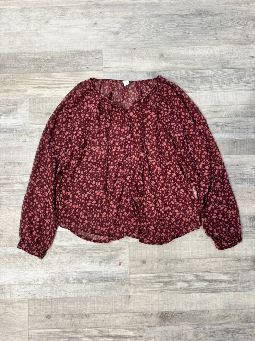 Old Navy Burgundy Floral Semi Sheer Long Sleeve Blouse Size Medium K12